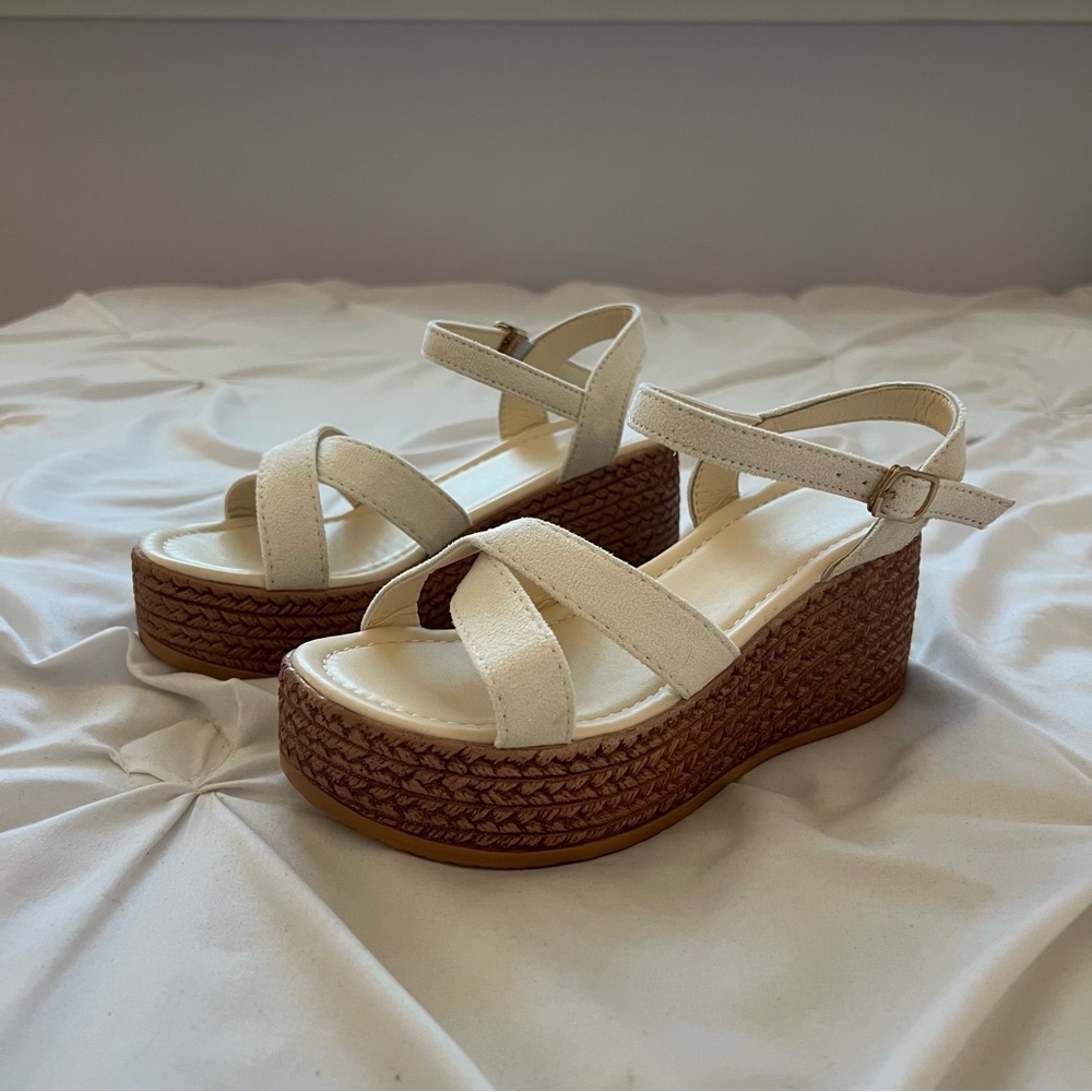 Beige and brown suede strappy platform wedge sandals